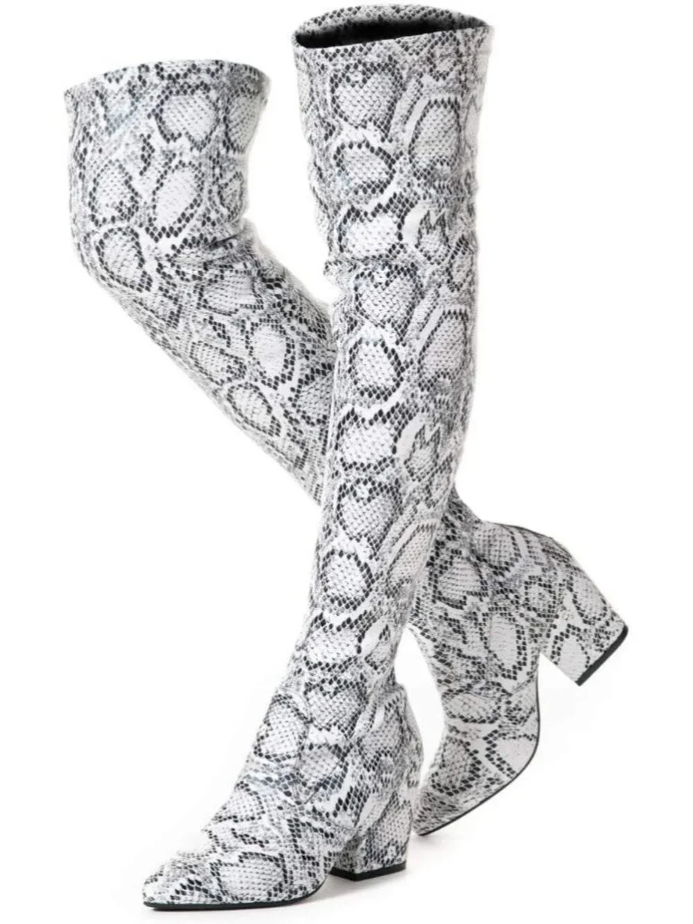 Women's Snake Pointed Toe Chunky Block Heel Over The Knee High Boots